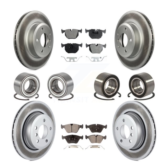 Transit Auto Front Rear Wheel Bearings Coated Disc Brake Rotors and Semi-Metallic Pads Kit (10Pc) for Car 2004-2010 BMW X3 - Left Right Side (Driver Passenger) KBB-107926