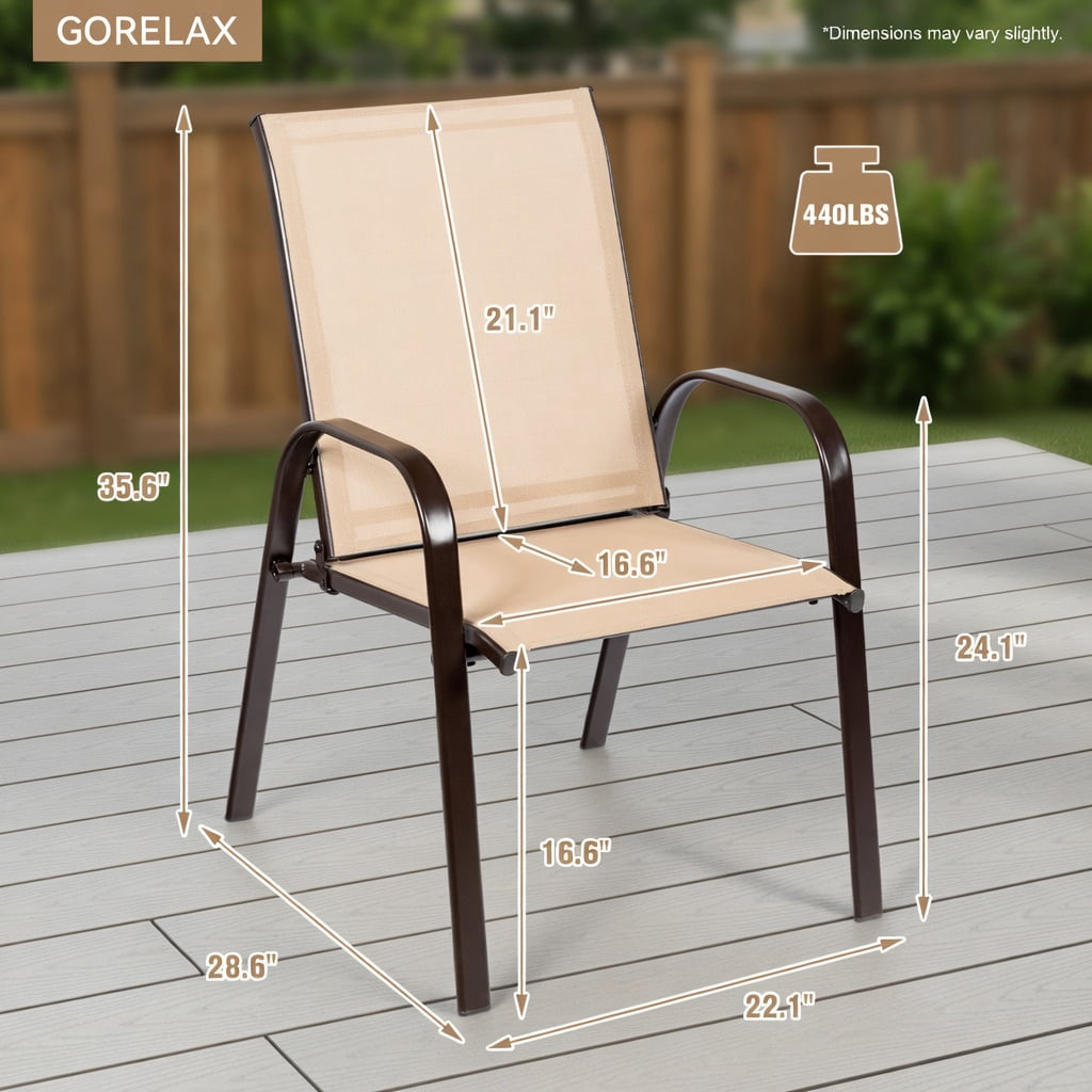 Hommoo 2-Pack Outdoor Patio Dining Chairs with Armrests, Heavy-Duty Steel Frame, Breathable Fabric, Stackable & Easy Assembly for Deck, Pool, Garden & Balcony, Beige
