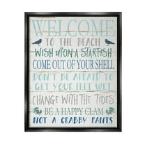 Stupell Industries Welcome to the Beach Blue Aqua and White Planked Look Sign Jet Black Framed Floating Canvas Wall Art, 16x20, by Jennifer Pugh