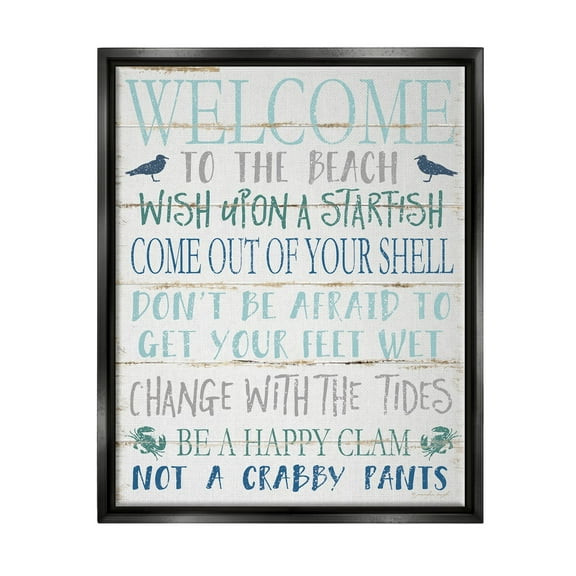 Stupell Industries Welcome to the Beach Blue Aqua and White Planked Look Sign Jet Black Framed Floating Canvas Wall Art, 16x20, by Jennifer Pugh