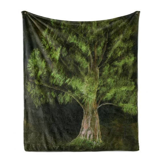 Tree Soft Flannel Fleece Throw Blanket, Dark Forest Scene of a Nature Silhouette Fine Art Painting Print Art, Cozy Plush for Indoor and Outdoor Use, 70" x 90", Evergreen and Lime Green, by Ambesonne