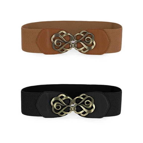 INSPIRE CHIC Womens Elastic Wide Belts Stretchy Belts Wave Circle Black & Wave Circle Brown 64.77cm/25.5" & 64.77cm/25.5"