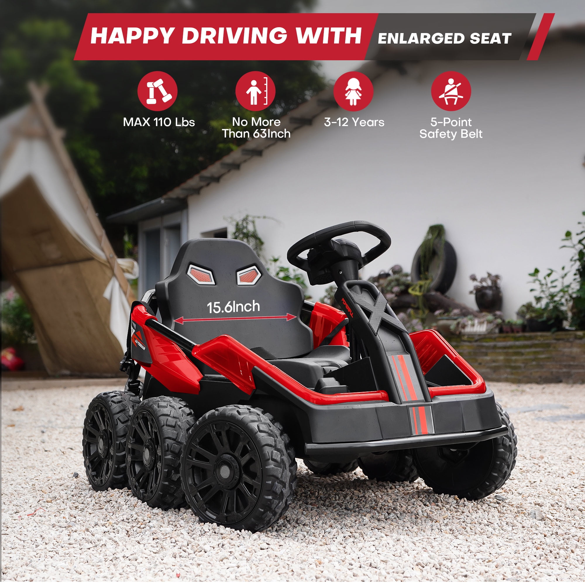 TEOAYEAH Coche eléctrico 4WD para niños, ruedas alimentadas por batería de  12 V con control manual/parental, cinturón de seguridad, suspensión de
