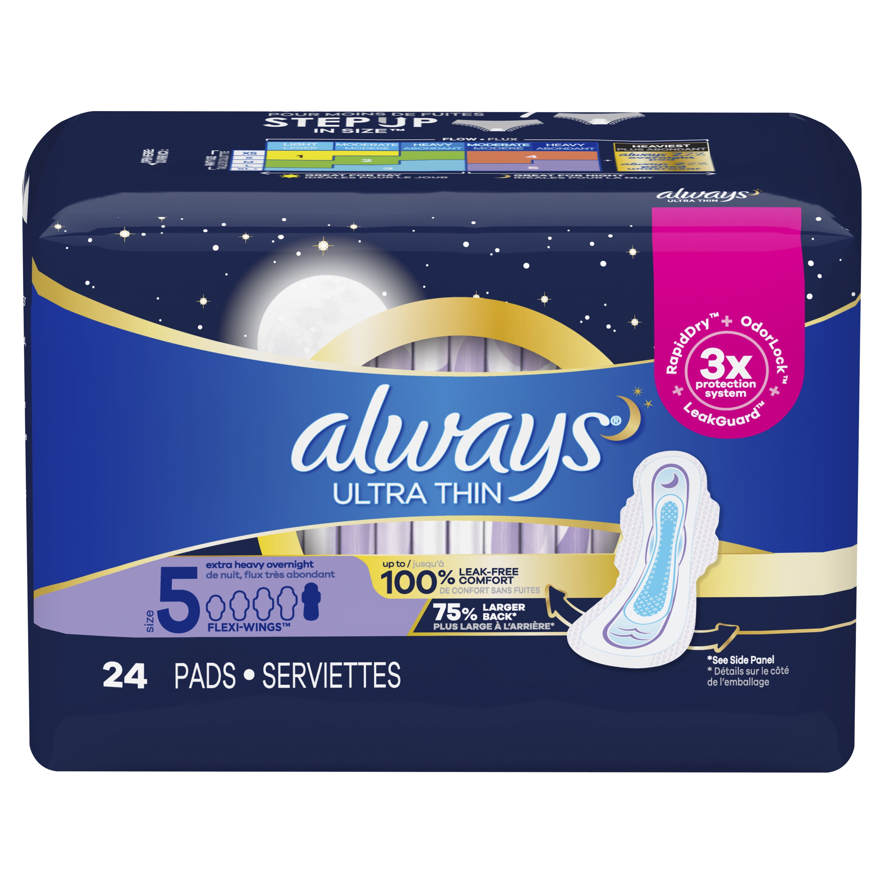 Always Ultra Thin Overnight Pads, Winged, Unscented, Size 5, 24 Ct