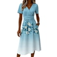 thumbnail image 5 of Women's V Neck Short Sleeve Dress Vintage Floral Print A Line Midi Casual Summer Outfit Flowy Lightweight Party Wear Vacation Going Out Chic Womens Dress Light Blue S, 5 of 6