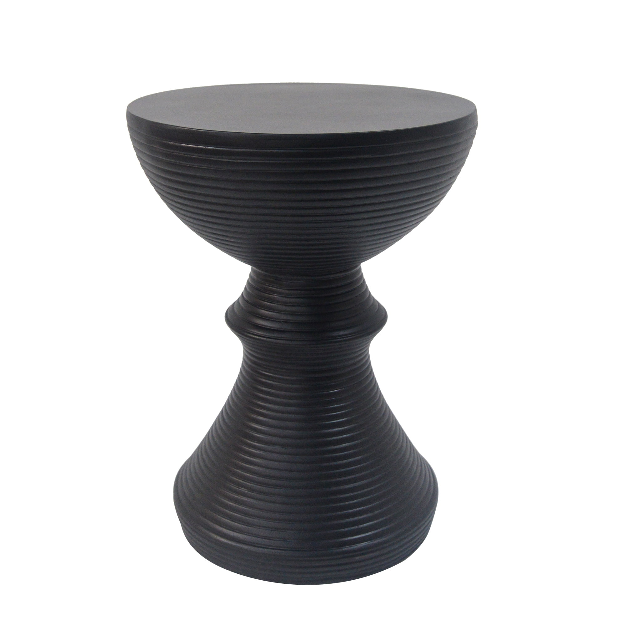 Hourglass Concrete Side Table, 16 Inch Ribbed Outdoor End Table for Patio Garden, Black