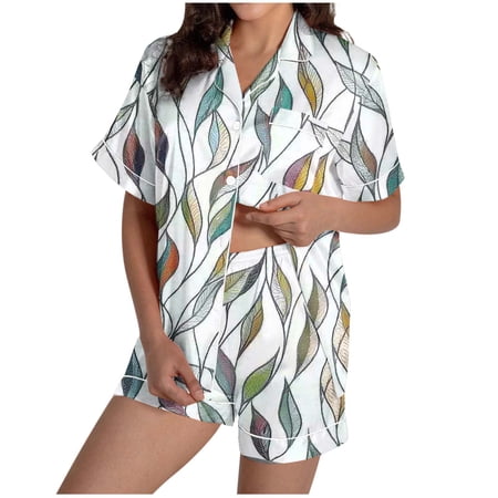 Lovzfmll Pajama Set for Women Printed Short Sleeve Collared Set Pocket Top & Shorts Sleepwear Casual Home Loungewear Green M