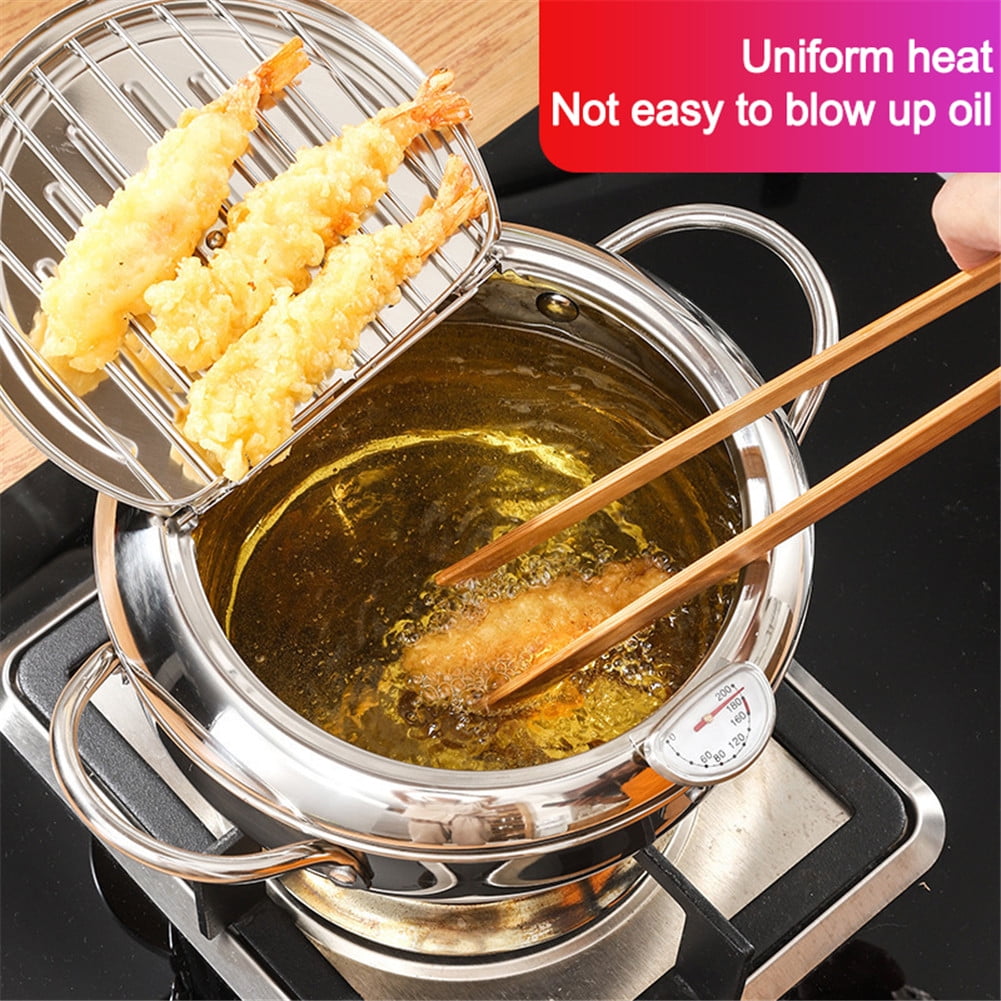 18/10 Stainless Steel Japanese Stile Frying Pot with Temperature Control and Oil Filter Rack Lid WORTHBUY Tempura Deep Fryer Pot 8 Suitable for French Fries Fish and Shrimp 