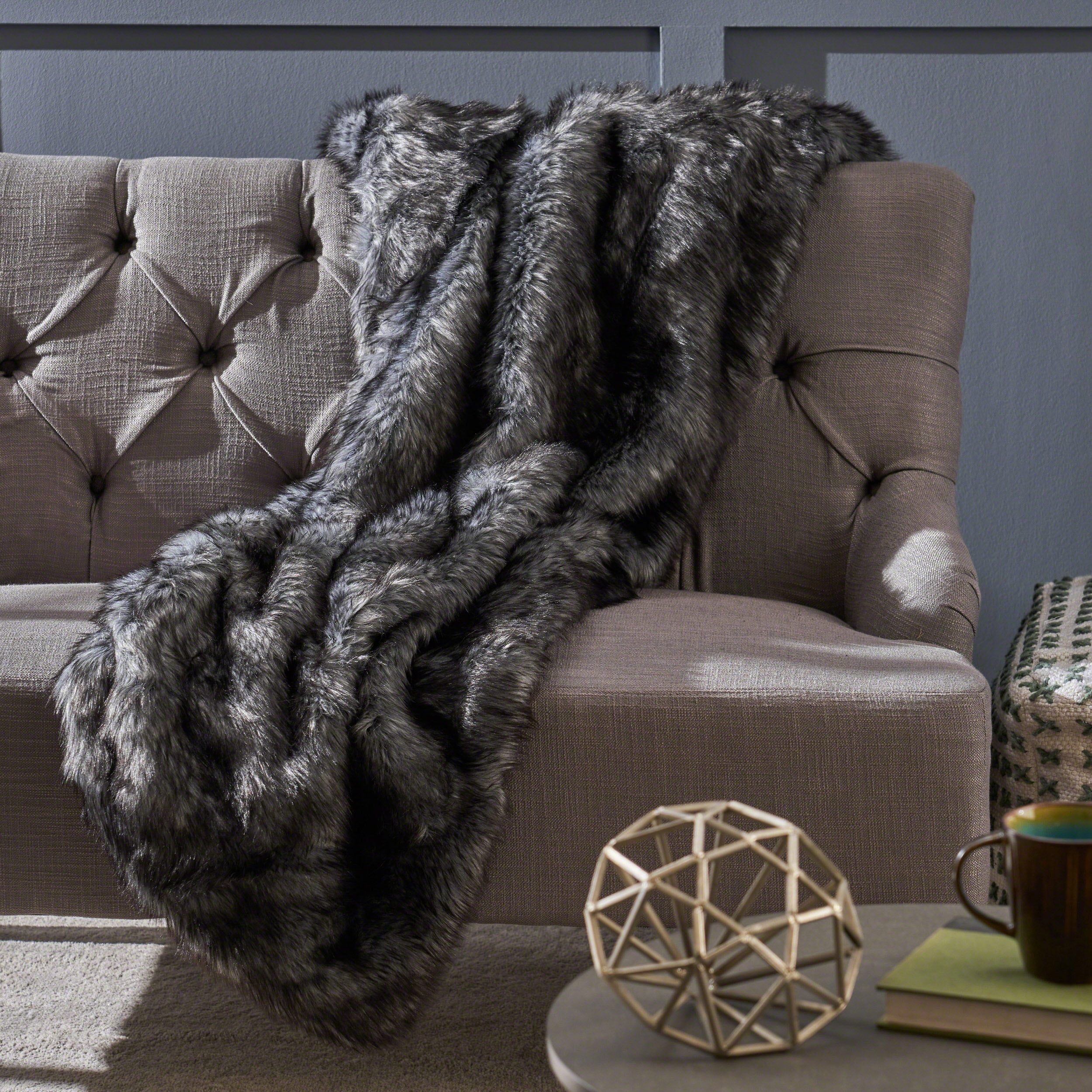 Noble House Furry Glam Faux Fur Throw Blanket, 50" x 60", Black