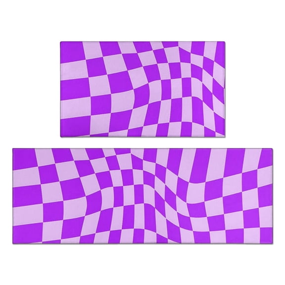 Purple Wavy Checkered Pattern Anti Fatigue Kitchen Rugs Set Of 2, Non Slip Washable Decorative Floor Mats for Kitchen Sink Laundry, 17"x30" and 17"x47"