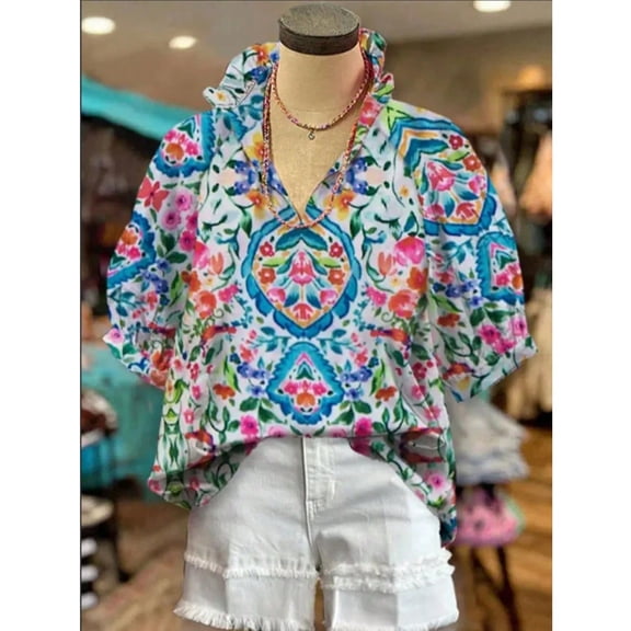 Unbranded Floral Print Slit Neck Bubble Sleeve Blouse Women's