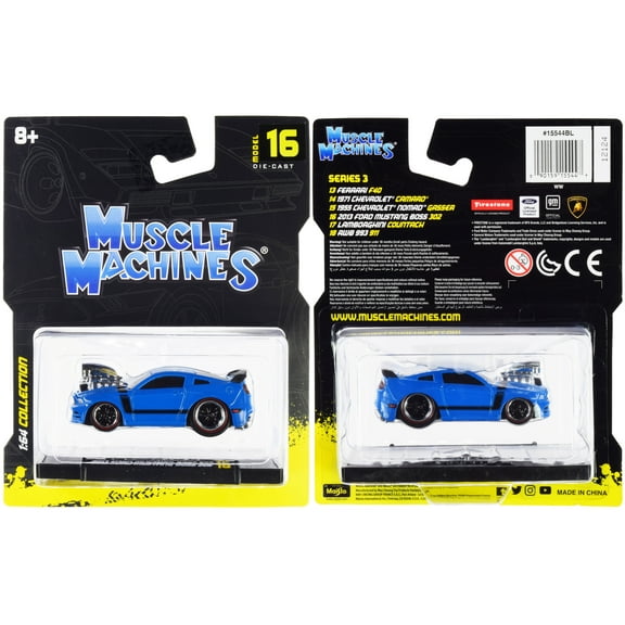 2013 Ford Mustang Boss 302 Light Blue with Black Stripes 1/64 Diecast Model Car by Muscle Machines