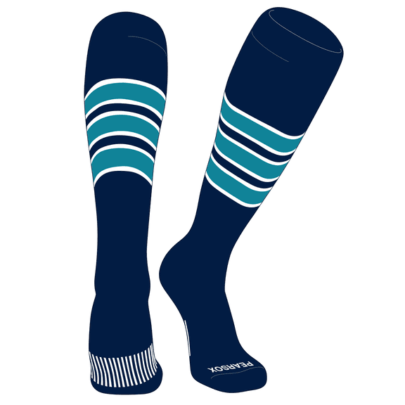 PEAR SOX Striped OTC Baseball, Softball, Football Socks (C) Navy, White, Marlin Teal (XS)