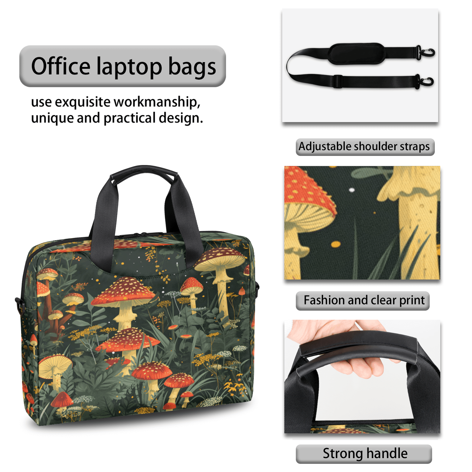 Herdesigns Mushroom Laptop Bag for Women Men, Computer Case Briefcase Messenger Bags, 15-15.6 inch Laptop Sleeve Shoulder Bag