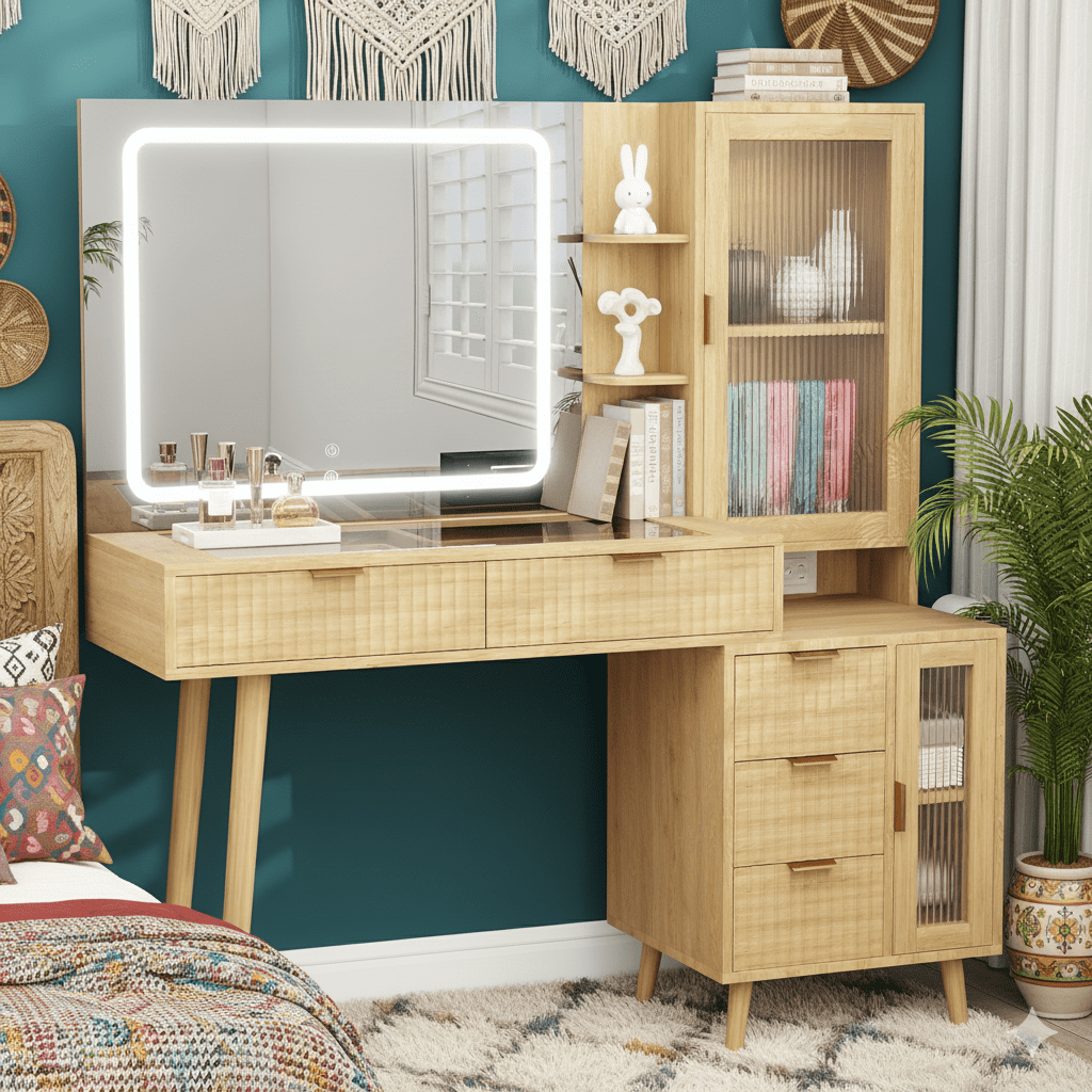 Wooden Vanity Desk with Mirror and Lights, 49" Boho Fluted Makeup Vanity Table with Modern Glass Top, Charging Station, 5 Drawers, 2 Cabinet with Adjustable Shelves, Salon Station, Natural Oak