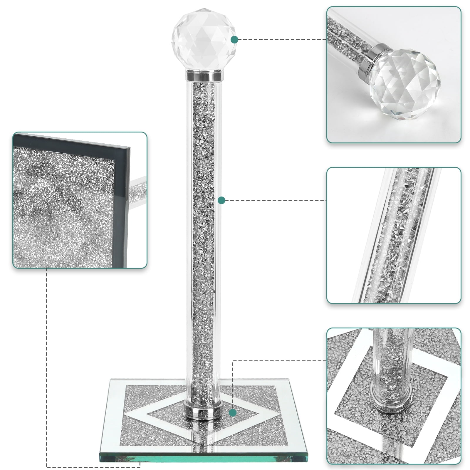 YTCYKJ Towel Holder , Square Base Vertical Paper Towel Holder with Sparkling Crystal Crushed Diamond Accents for Kitchen, Dining Table and Bathroom, Silvery