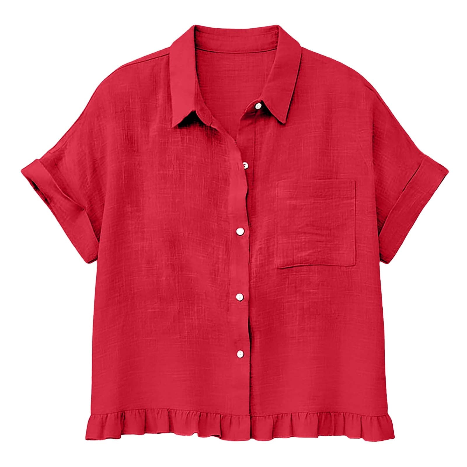 Women's Clothing Summer Tops Fashion Spring Clothing Fabric Solid Color Front Pocket Hem Fringe Short Sleeve Flared Collar Top