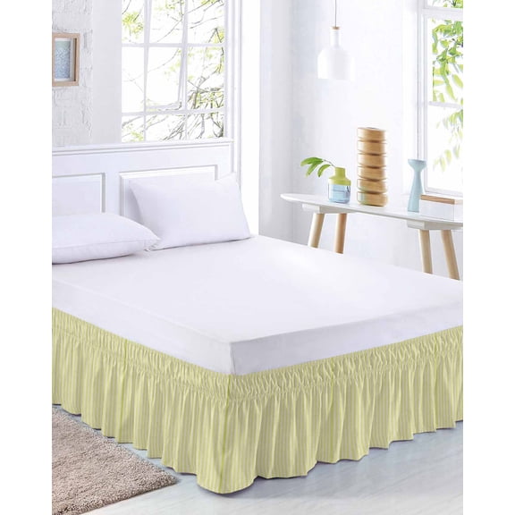 Simple White Striped Bed Skirt King Size 18 Inch Drop, Yellow Stripe Vintage Linen Adjustable Elastic Dust Ruffles Bedskirt for King Bed Wrap Around Pleated Mattress Frame Cover