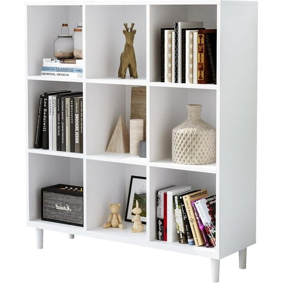 Wood Cube Storage Organizer White Bookshelf - 3-Tier Freestanding Storage Cabinet with Legs for Home Office, 9-Cubes Open Shelf