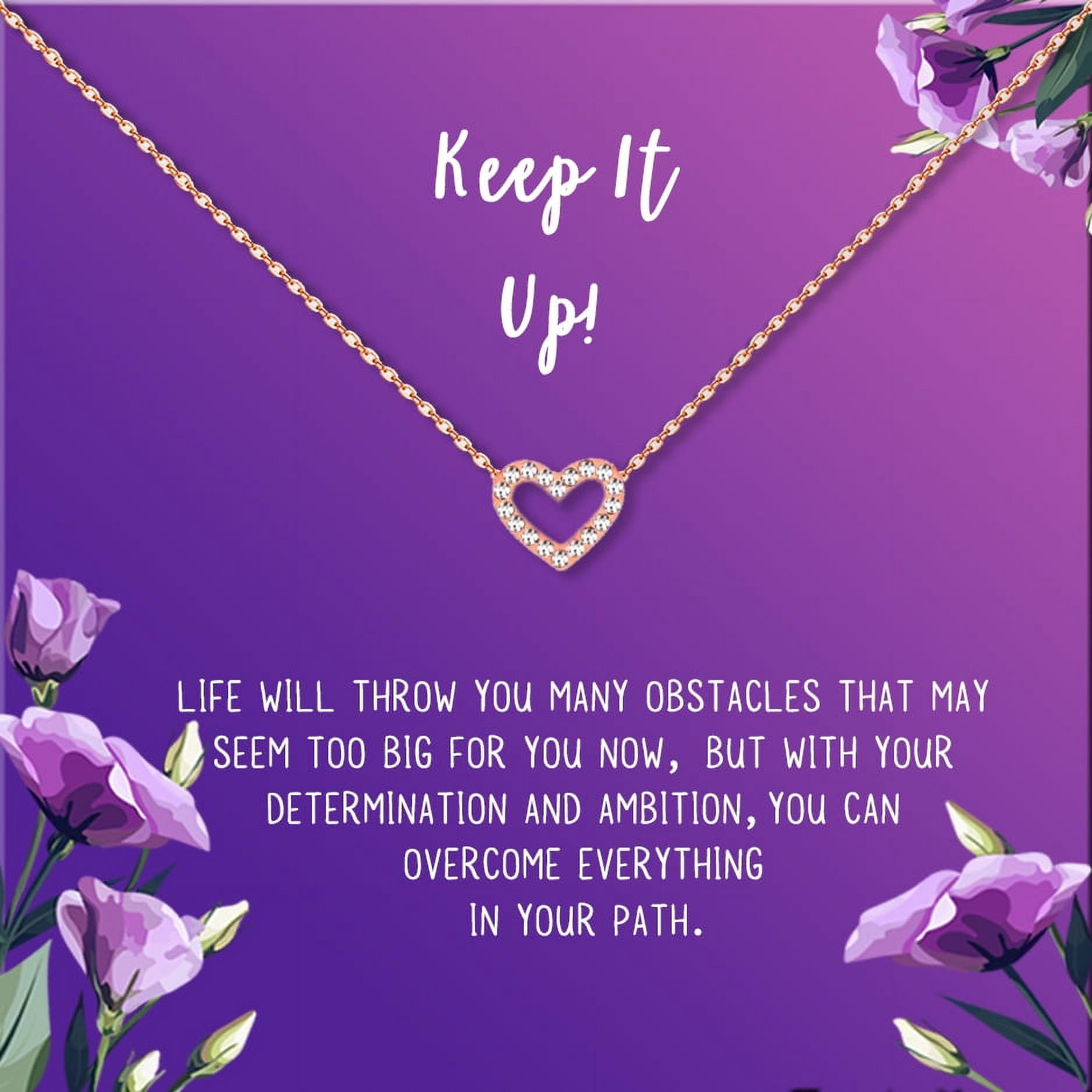 Anavia Keep It Up Card Gift Jewelry, Inspirational Card Necklace, Cheer up Gift, Encouragement Gift for Friend-[Rose Gold Mini Crystal Heart,Royal Purple Gift Card]