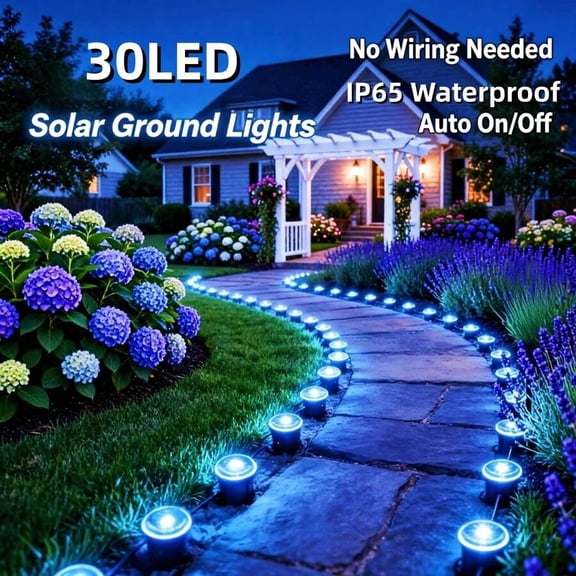 30LED Solar Ground Lights Blue Light, IP65 Waterproof, Auto On/Off, 8 Modes, In-Ground Pathway Garden Decor