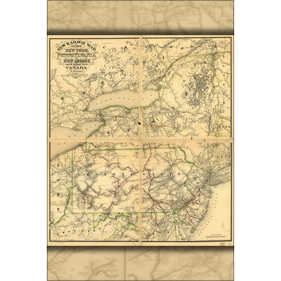 24"x36" Gallery Poster, railroad map New York Pennsylvania Jersey 1881