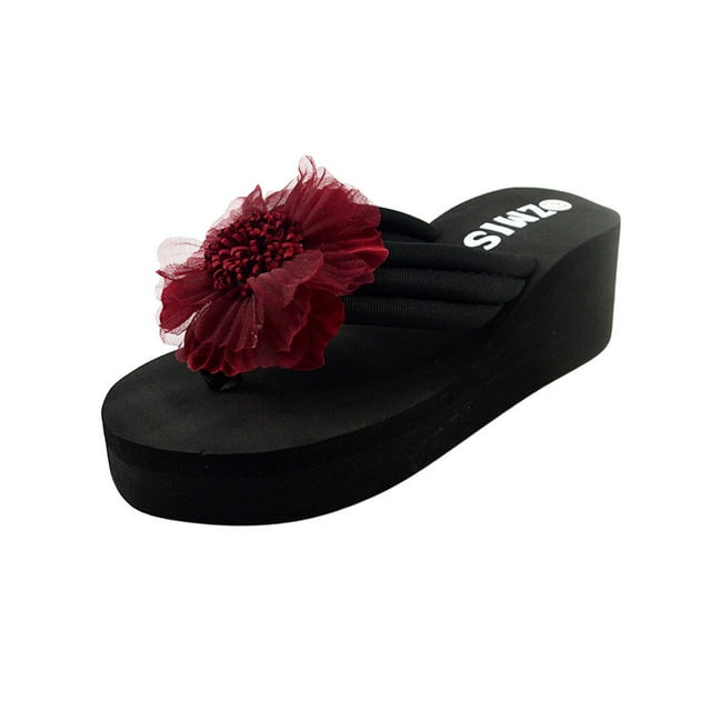 Womens Ladies Summer Flower Home Wedges Beach Shoes Sandals Flip Flops Slippers
