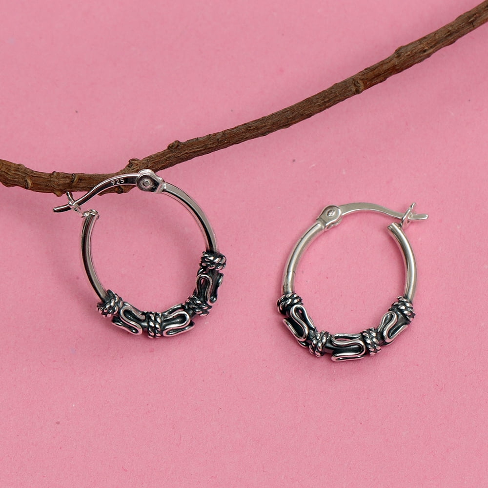 LeCalla 925 Sterling Silver Light-Weight Antique Oxidized Tribal Bali Hoop Earrings Jewelry Gifts for Women and Teen 20MM