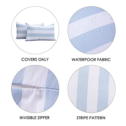 Bonlino Pack of 2 Decorative Outdoor Patio Waterproof Throw Pillow Covers Garden Cushion Sham Pillowcase Shell for Patio Furniture and Sunbrella 12x20 Inch, Aqua Blue Stripes Ultra Water Resistant