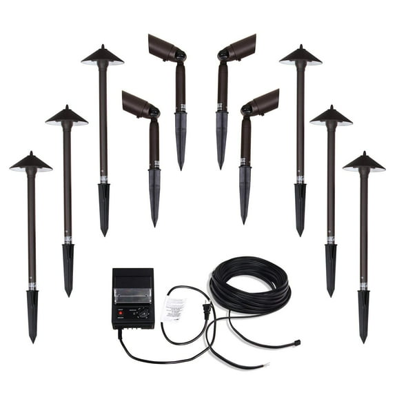 GOODSMANN Landscape Lighting Kit Low Voltage Transformer and 10-Piece Low Voltage Flood Light with Metal Spike and Connector for Garden Pathway Driveway Outdoor 9920-9903-10