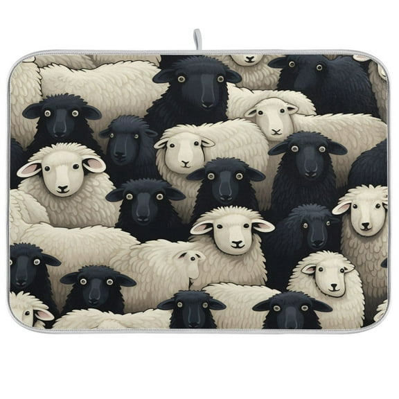 Sheep White Black Dish Drying Mat Dish Drainer Rack Mats Water Absorbent Non-Slip Easy Clean Heat Resistant for Kitchen Counter