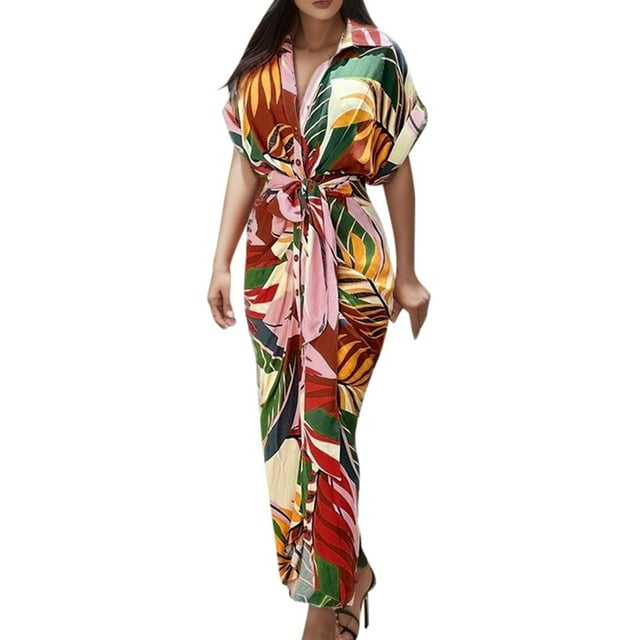 WILLBEST Robes Maxi pour Femmes Été Imprimé Floral Robe Décontractée Été Manches Courtes Boutons Longueur Mi-Longue avec Ceinture pour Confort Élégant