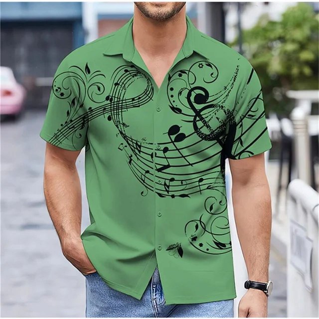 New Summer Men's Shirt Outdoor Street Button Short Sleeve Music Note Print Solid Color Shirt Fashion Designer Casual