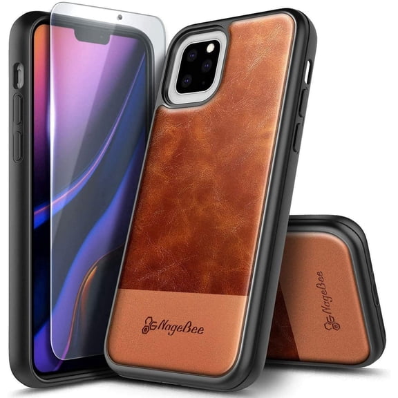 Nagebee Case for iPhone 11 Case, with Tempered Glass Screen Protector, Premium Cowhide Leather Hybrid Defender Protective Shockproof Rugged Phone Cover