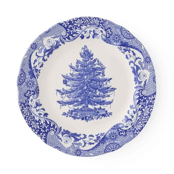 Spode Blue Italian Christmas Tree Dinner Plate – 10.6" Fine Earthenware Holiday Dish with Blue & White Imari Border – Festive Dining Collection for Holiday Meals, Microwave & Dishwasher Safe