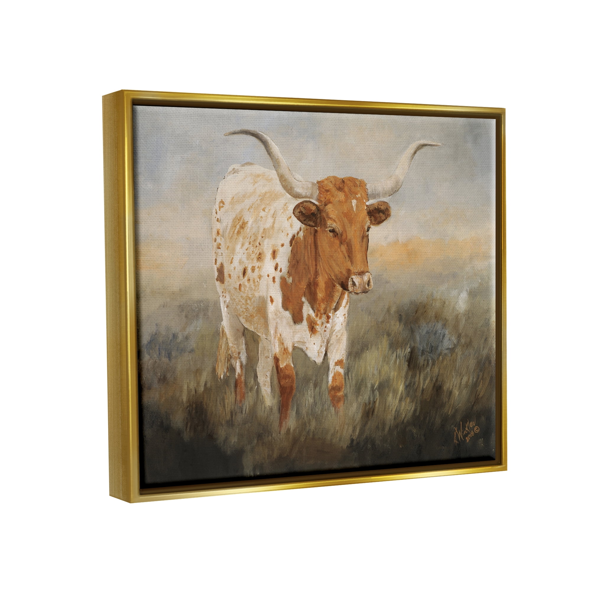 Stupell Industries Longhorn Cattle Grazing Animals & Insects Painting Gold Floater Framed Art Print Wall Art