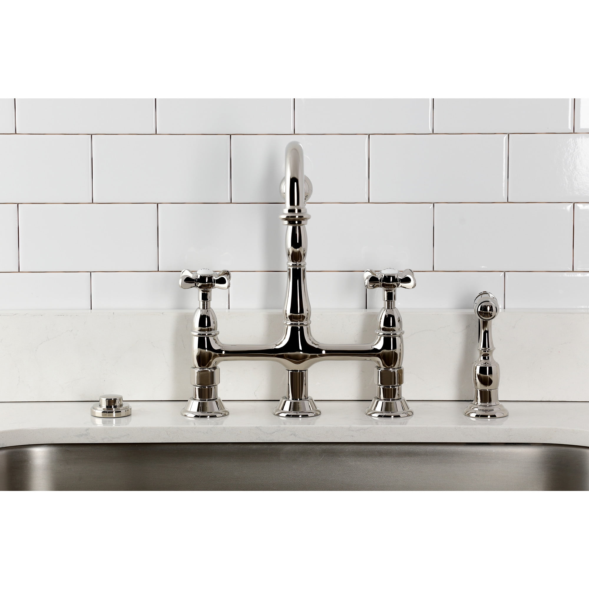 Kingston Brass KS1276BEXBS Essex Bridge Kitchen Faucet with Brass Side Sprayer, Polished Nickel