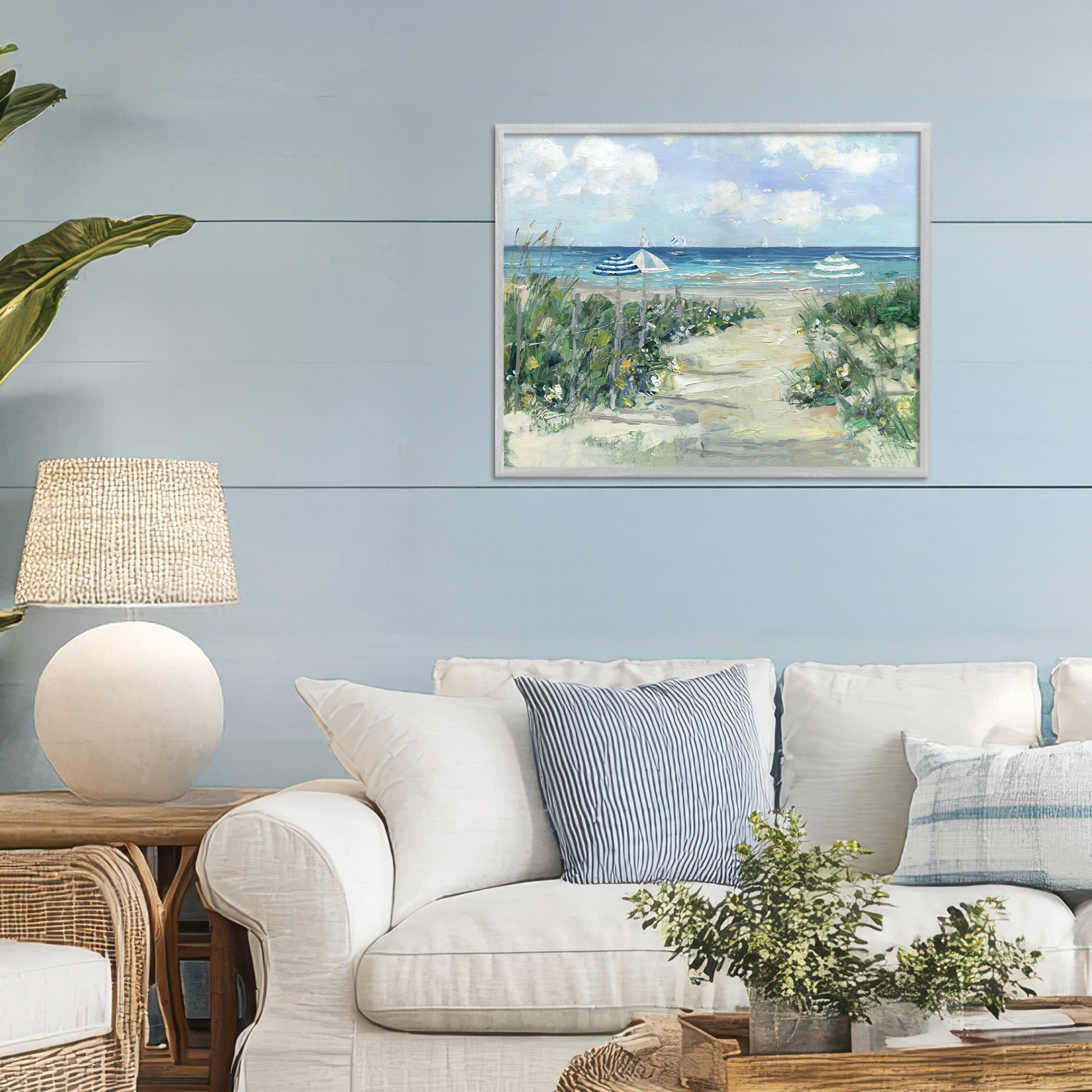Stupell Industries Seaside Path To Striped Umbrellas Gray Framed Giclee Art, design by Sally Swatland