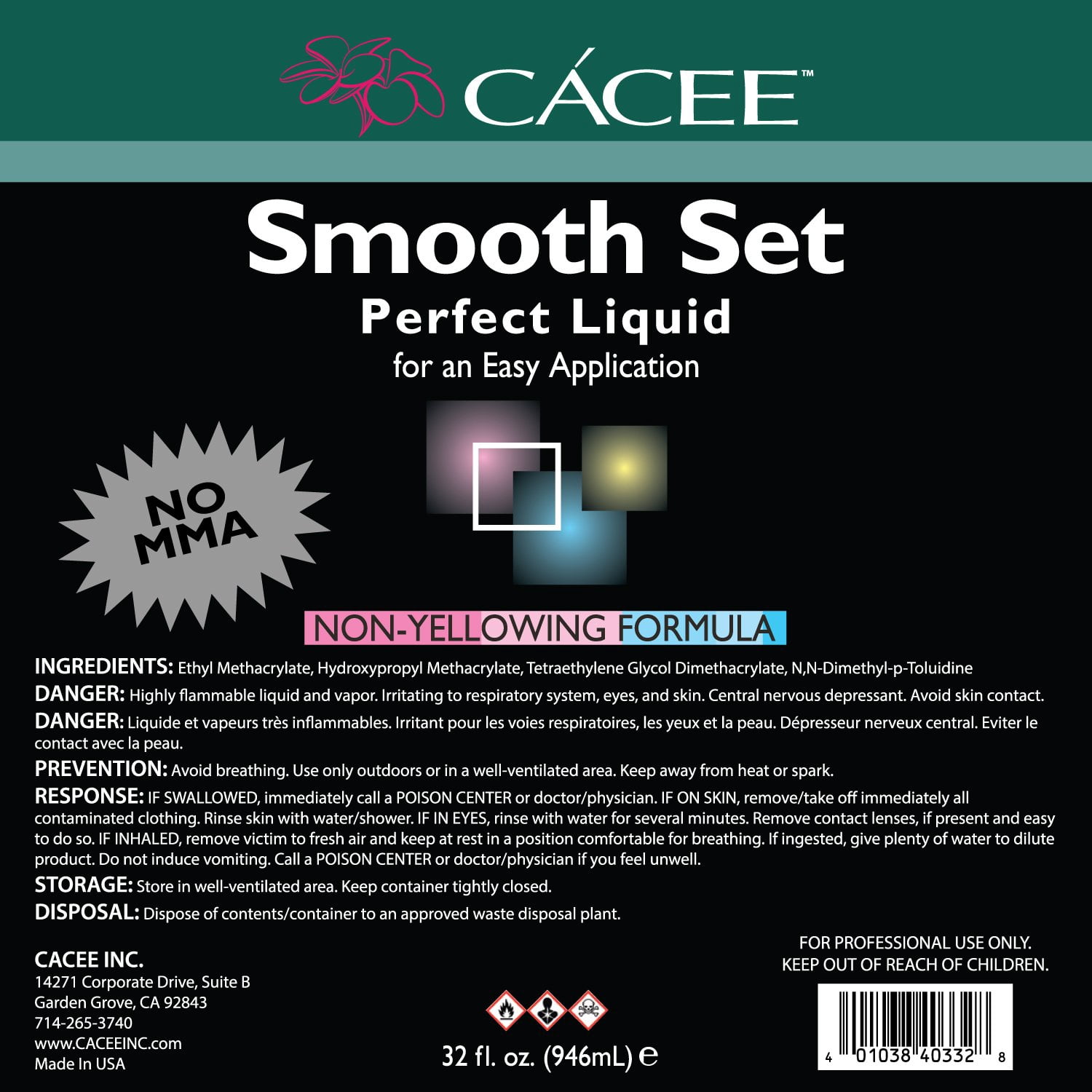 Smooth Set Perfect Acrylic Nail Liquid by Cacee, Acrylic Monomer That Protects and Enhances Nails, Professional and Flexible Non-Yellowing Formula, Does Not Contain MMA, Self-Leveling (32 oz)