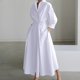 thumbnail image 2 of Vestido camisero de manga larga con cuello en V para mujer: vestido con bolsillos a rayas, poliéster y spandex, largo hasta la rodilla, para la oficina, informal y fiestas, 2 of 7