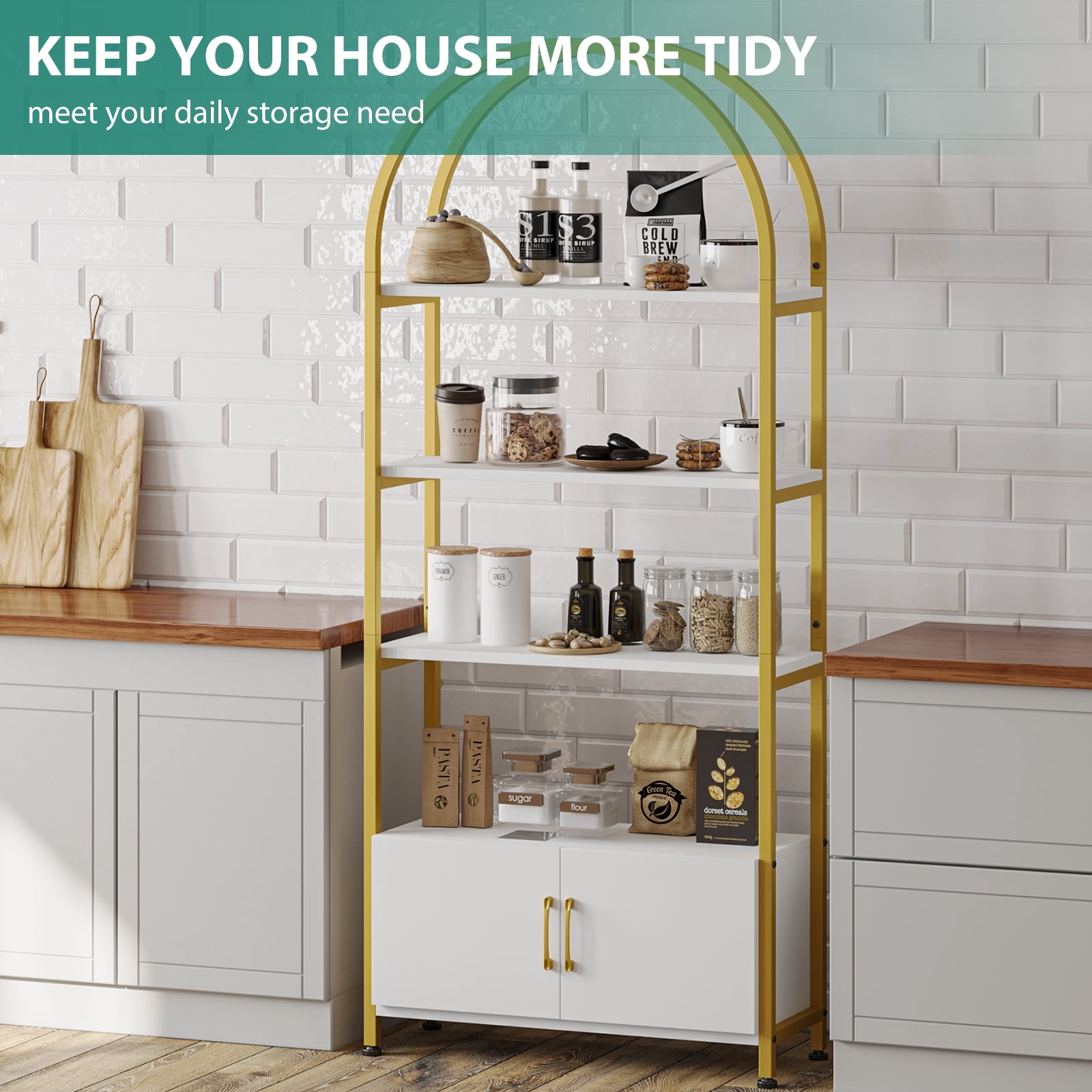 Towallmark 4-Tier Gold Bookshelf with Doors StorageBook Shelf, 71.5“ Tall Arched Book Shelf with Studry Metal Frame and Quality Board for Bedroom Living Room