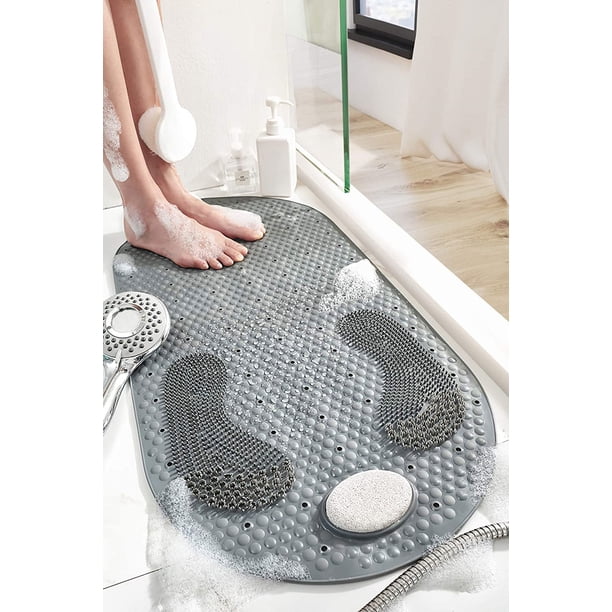 Alfombrilla de ducha antideslizante para bañera, alfombrilla para pies con piedra pómez extraíble, con ventosas (gris)