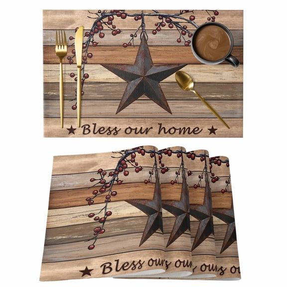 Texas Star Vintage Placemats Set of 12, Berry Dark Brown Wooden Placemats for Dining Table, Place Mats for Kitchen Tabletop, Waterproof Wipeable Dining Table Mats Set