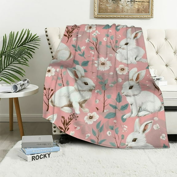 Orinice  Pink Cute Bunny Blanket Funny Rabbit Floral Throw Blankets Gifts for Kids Adults Lightweight Soft Fleece Cozy for Sofa Couch Bed Room Easter Travel Party Decor 40x50in