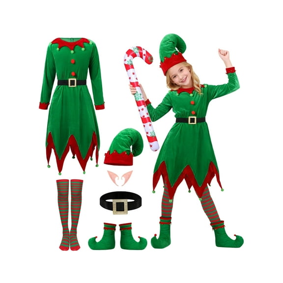ZOEREA 7Pcs Kids Christmas Elf Green Set Outfit Velevt Dress Xmas Girl's Outfit with Elf Ears, Hat, Shoes, Belt, Socks 4-12Y
