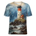 thumbnail image 5 of Lighthouse Sunrise Coast Scenery Pale Blue Tan Womens Tops Women's Fashion Casual Short Sleeve Flower Print Round Neck Pullover Top Blouse, 5 of 6