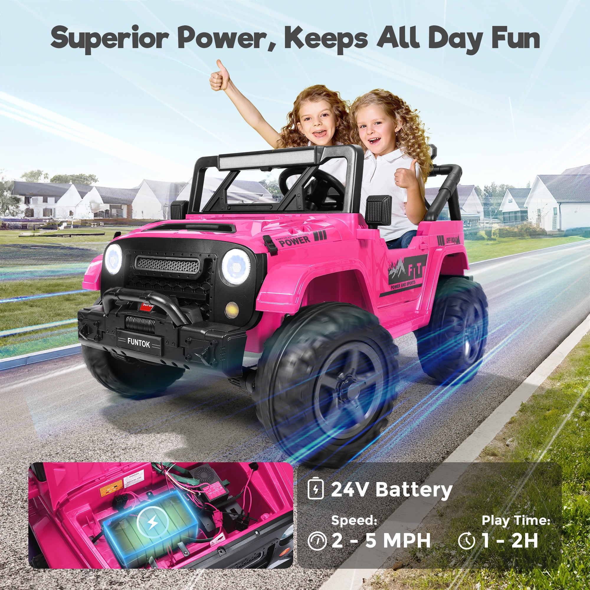 FUNTOK 24 Volt 2 Seater Kids Ride on Toys w/ 20 " Large Seat, 4 x 200W Motor Electric Vehicle Car, 4WD/2WD Switchable Battery Powered Ride on Truck, 3 Speeds with Remote Control & LED Lights, Pink