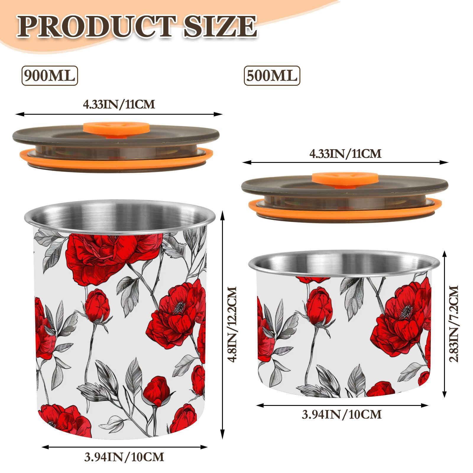Red Peony Flowers Airtight Coffee Bean Canister 30oz Food Storage Containers with Lids For Gournd, Tea, Sugar, Flour, Rice, Cereal, Candy Cookie Jar