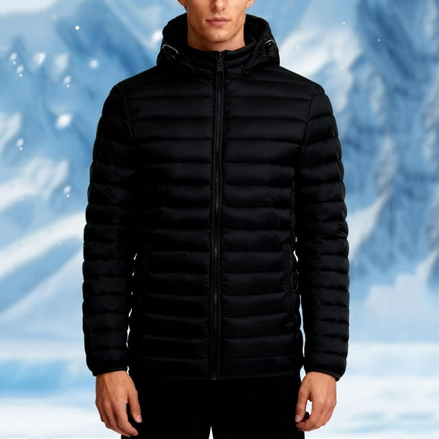 Men's Solid Color Detachable Cap Zipper Cardigan Hooded Winter Warm Jacket Long Sleeve Parka for Cold Weather