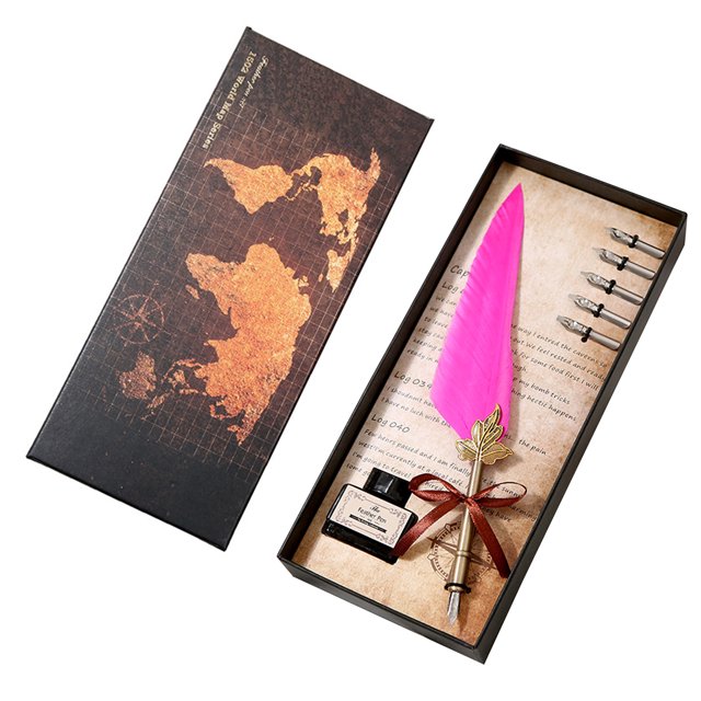 Juego de Plumas Estilográficas Clásicas con Pluma de Ganso y Cuerpo de Cobre, Incluye Tinta y Repuestos, Ideal para Regalo de Día del Maestro, Color Rojo Vino, Tamaño 25-26cm